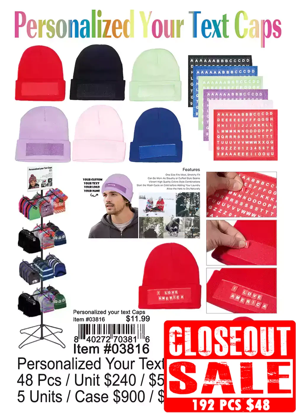 Personalized Your Text Caps - Closeout 192 Pcs.